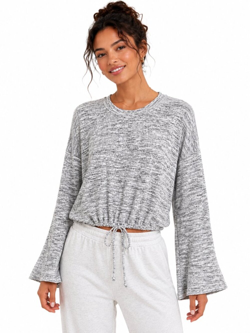 Aerie Gray Marled Drawstring Hem Pullover Top M